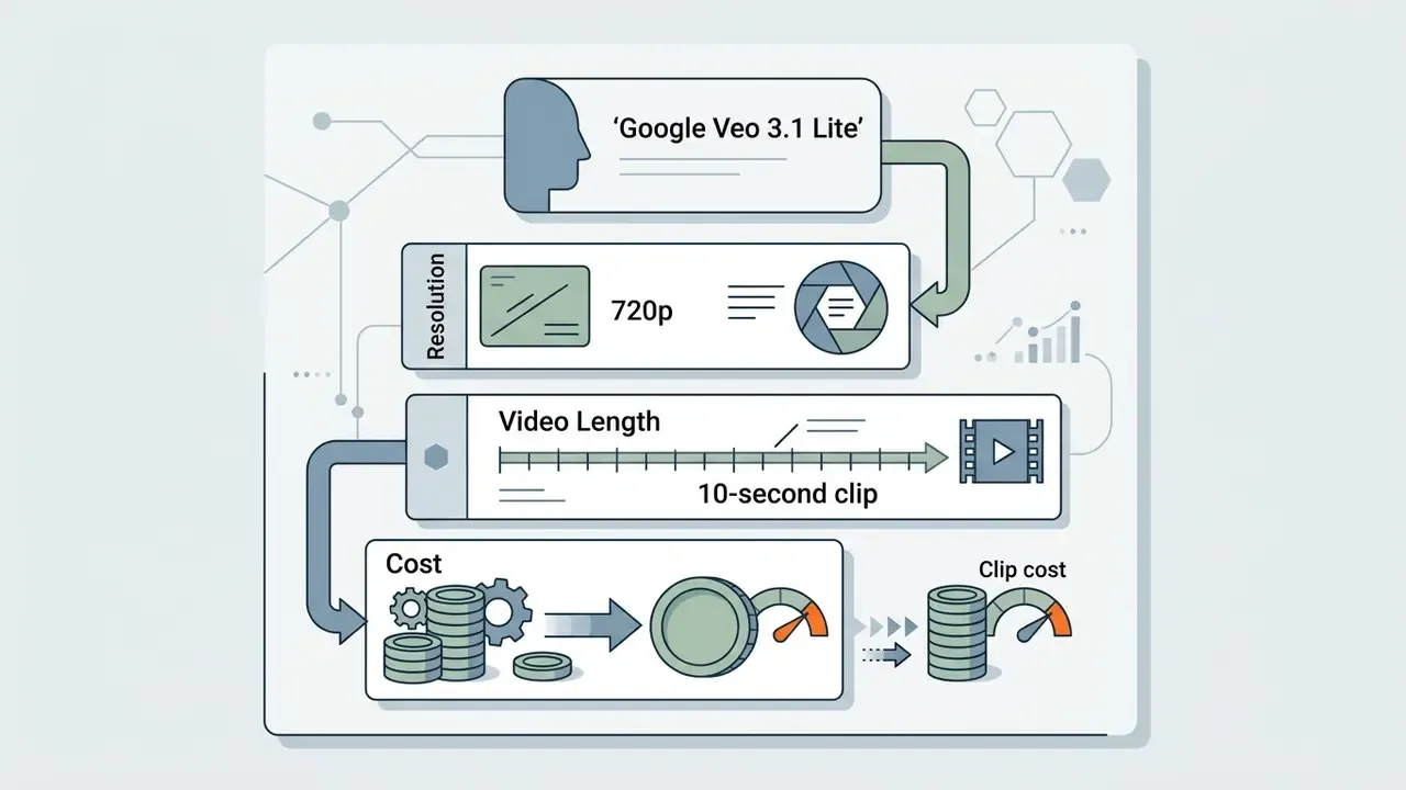 Process blocks connecting resolution and video length settings to a final cost calculation for AI video