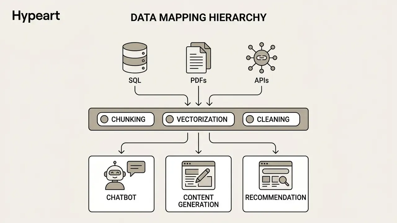 Flowchart connecting SQL, PDFs, and APIs through processing nodes to downstream AI applications