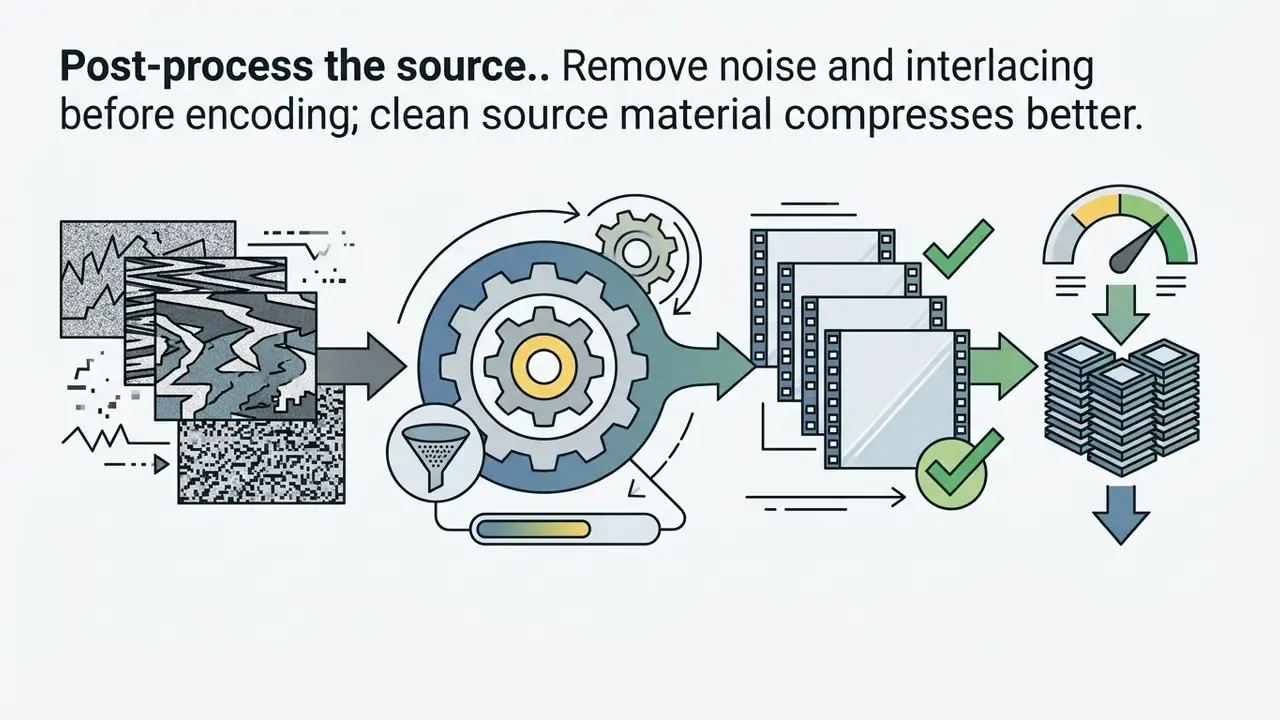 Noisy video frames passing through a gear mechanism and filter to become cleaned film strips with checkmarks