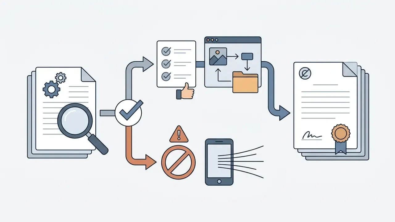 Workflow comparing approved software tools versus prohibited personal mobile device usage for documents
