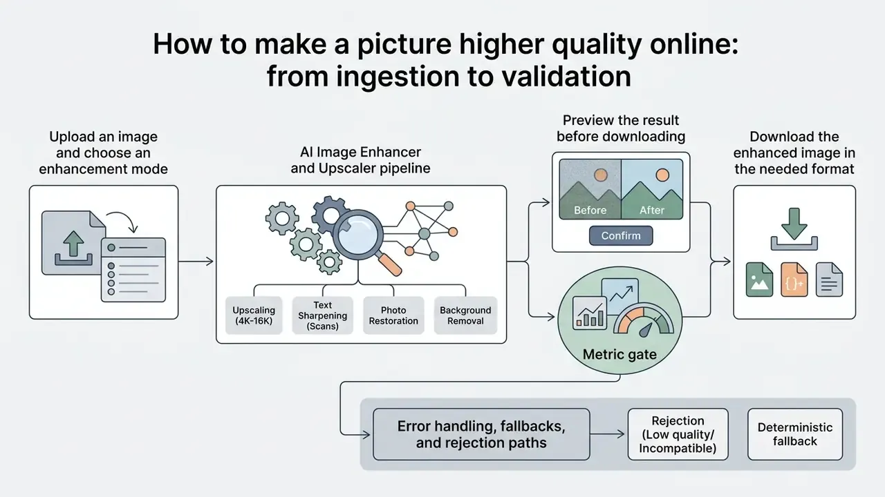 Flowchart detailing a multi-stage pipeline for automated image enhancement and quality validation
