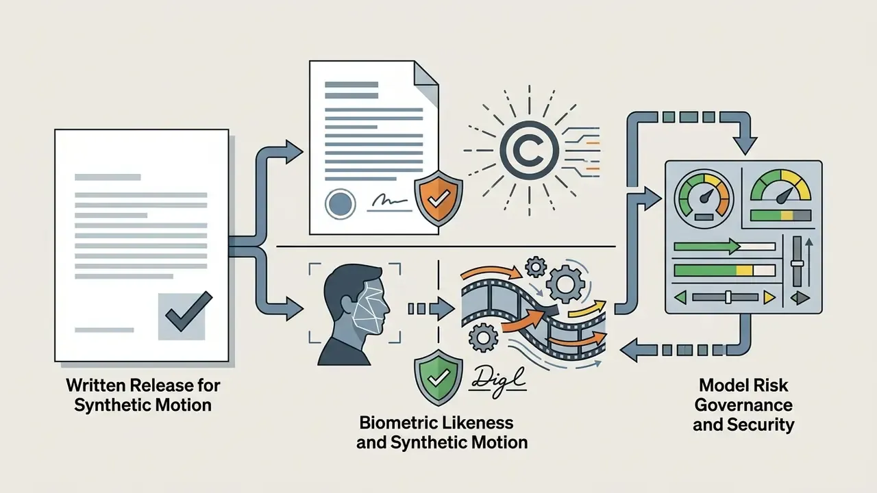 Written release document flowing into biometric facial analysis and governance control panel icons