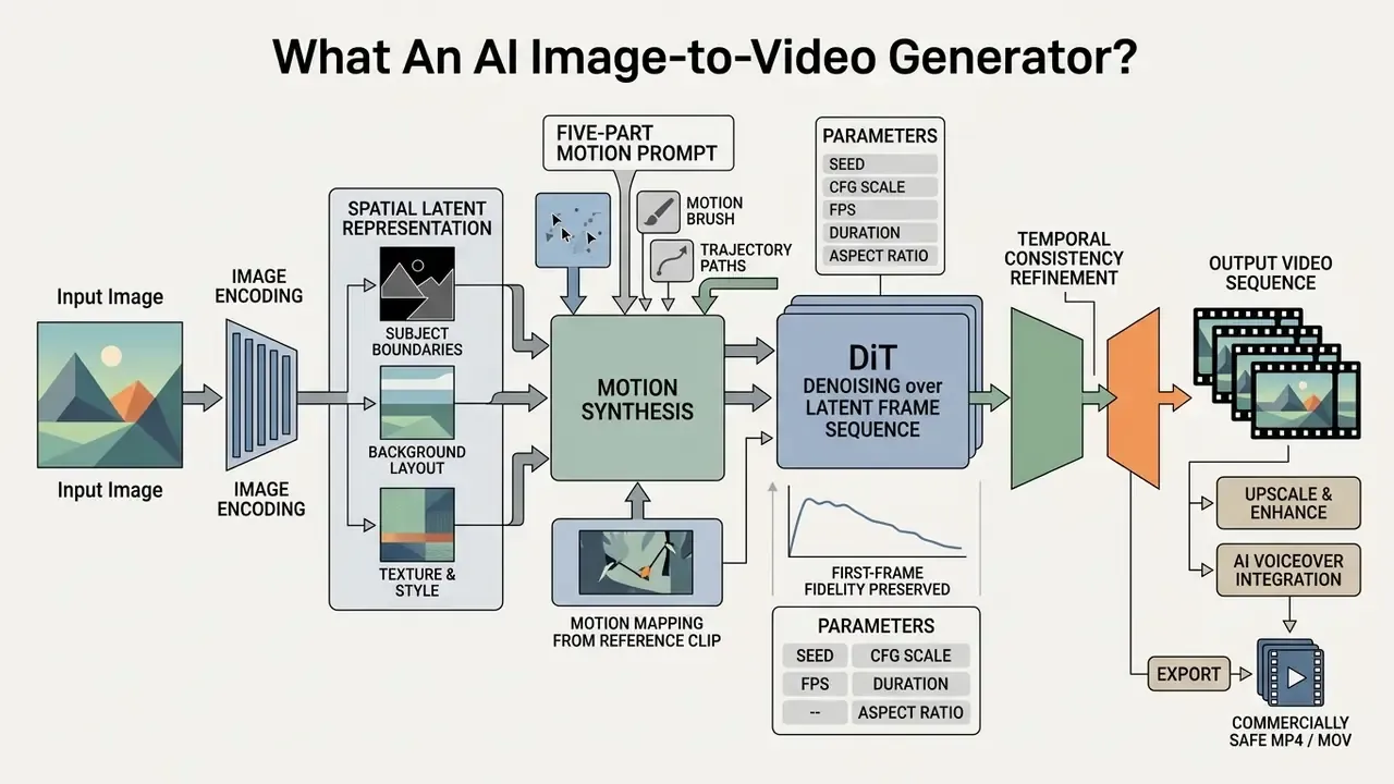 Flowchart detailing the technical process to make AI video from photo using latent representation and denoising