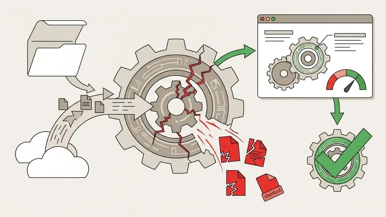 Broken gear mechanism processing cloud data into malicious shortcut files before being fixed