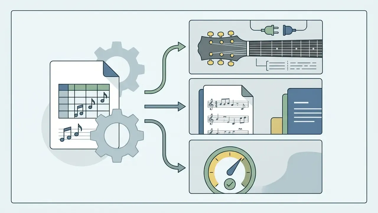 Musical score processing into guitar tablature, sheet music, and performance metrics