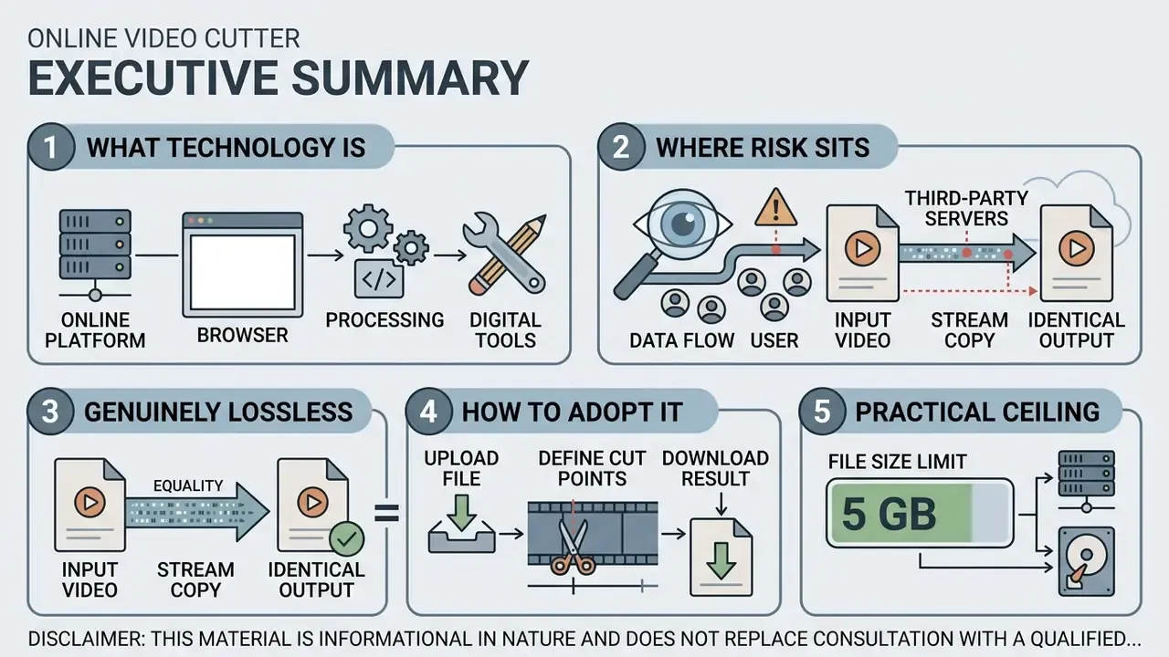 Five numbered panels detailing the technology, risks, lossless processing, adoption, and limits of video tools