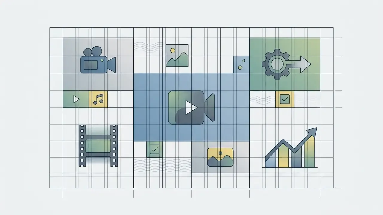 Various media icons and a central video player arranged on a structured grid layout