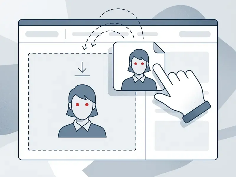 Cursor dragging a portrait file with red eyes into a dashed upload box on a web interface