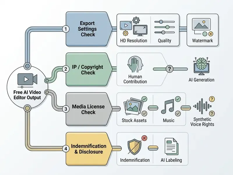 Flowchart mapping four critical verification steps for video export including copyright and licensing
