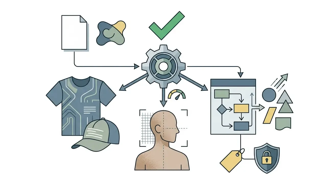 Central gear icon connecting document inputs to garment text, human head modeling, and workflow logic