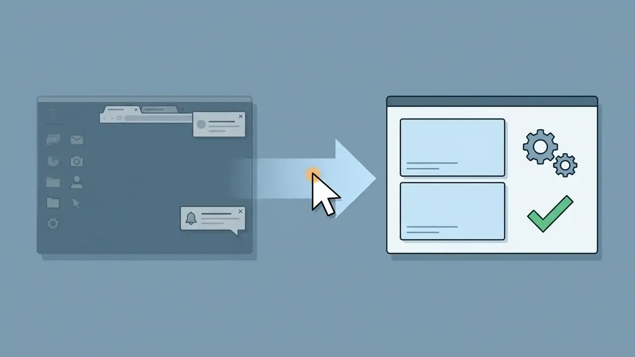 Desktop screen with notifications transforming into a clean interface with gears and a checkmark