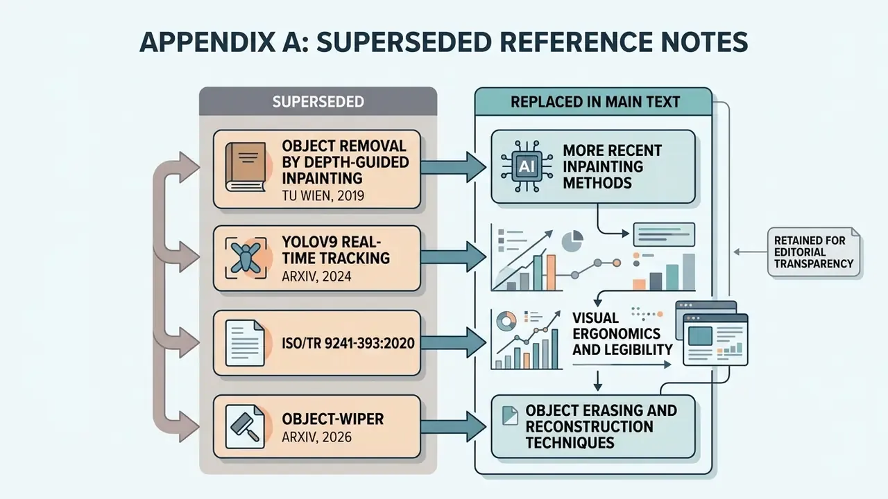 List of superseded technical references mapped to their modern replacements for AI video object removal