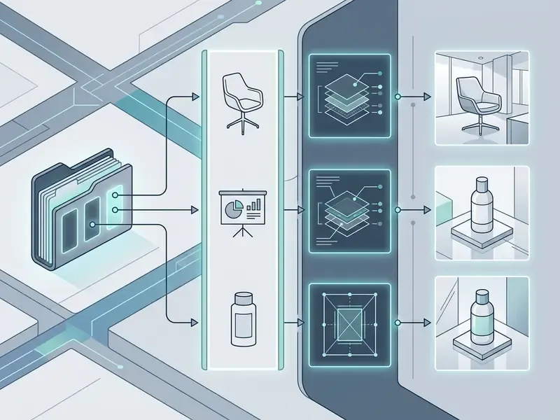 Isometric flow showing digital files transforming into product visuals through layered processing steps