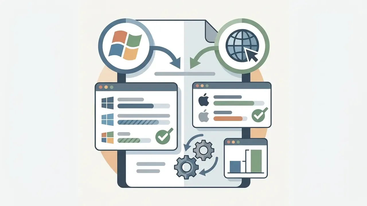 Document icon showing Windows and macOS compatibility icons with progress bars and gear symbols