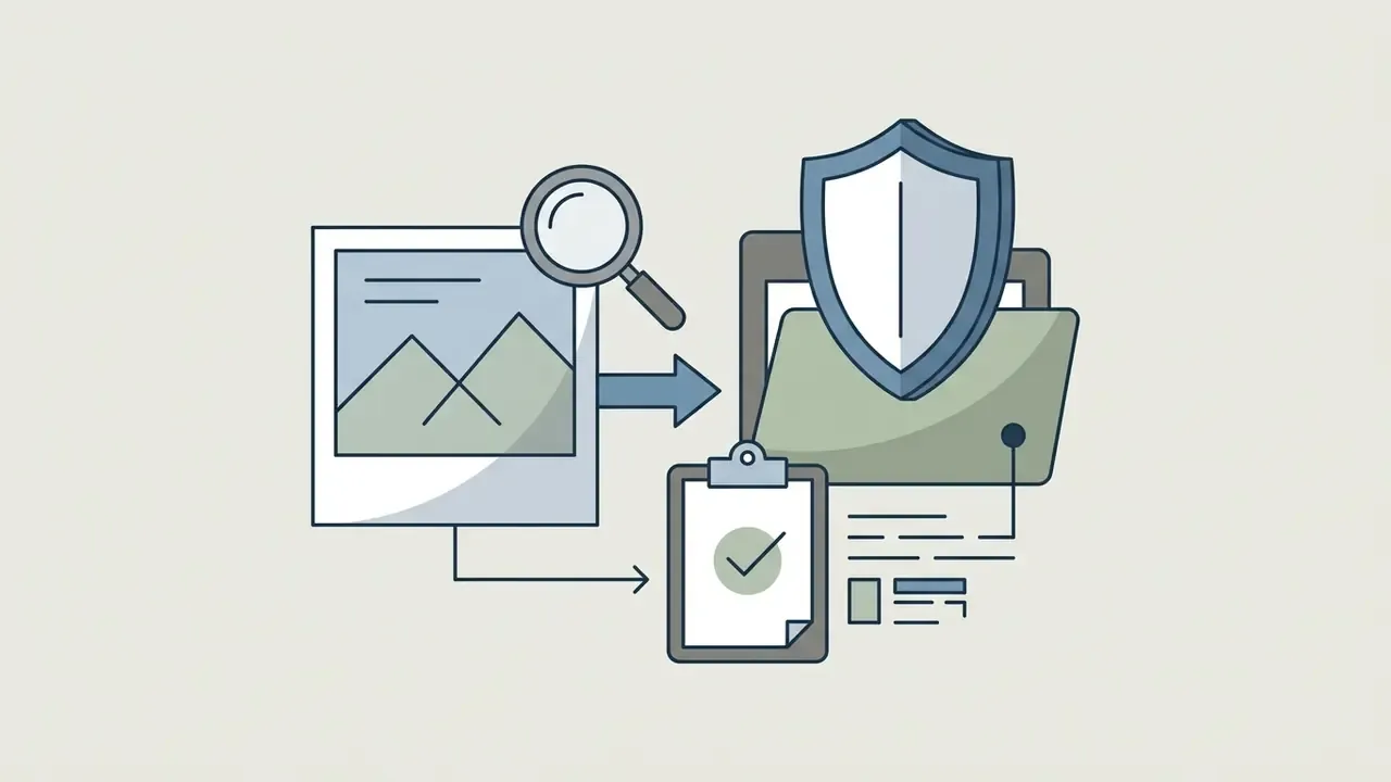 Magnifying glass examining a photo moving into a protected folder with a compliance checklist