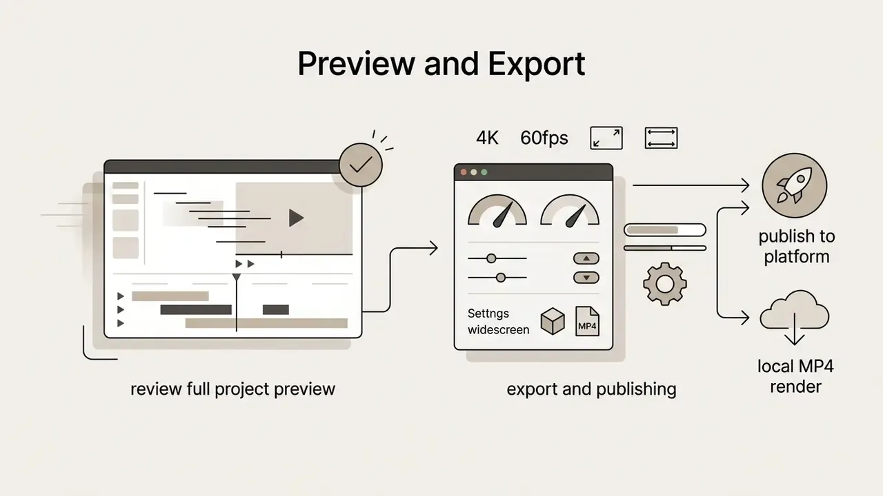 Workflow showing a project preview leading to export settings and final publishing or local rendering