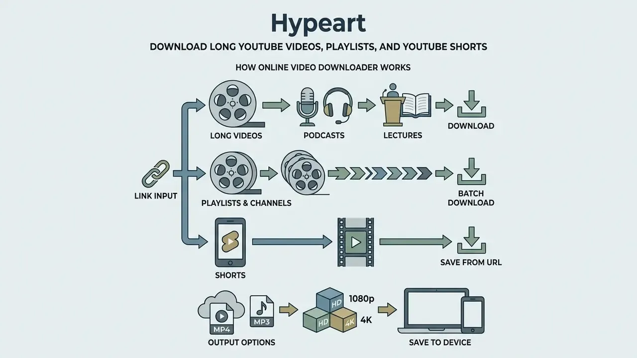 Flowchart showing how a single video link processes long-form content, playlists, and YouTube Shorts