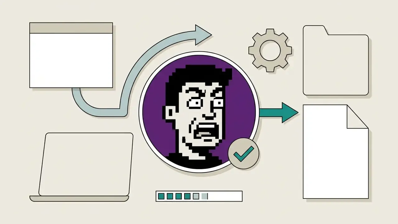 Pixel art character in a purple circle connected to document icons and a gear by directional arrows