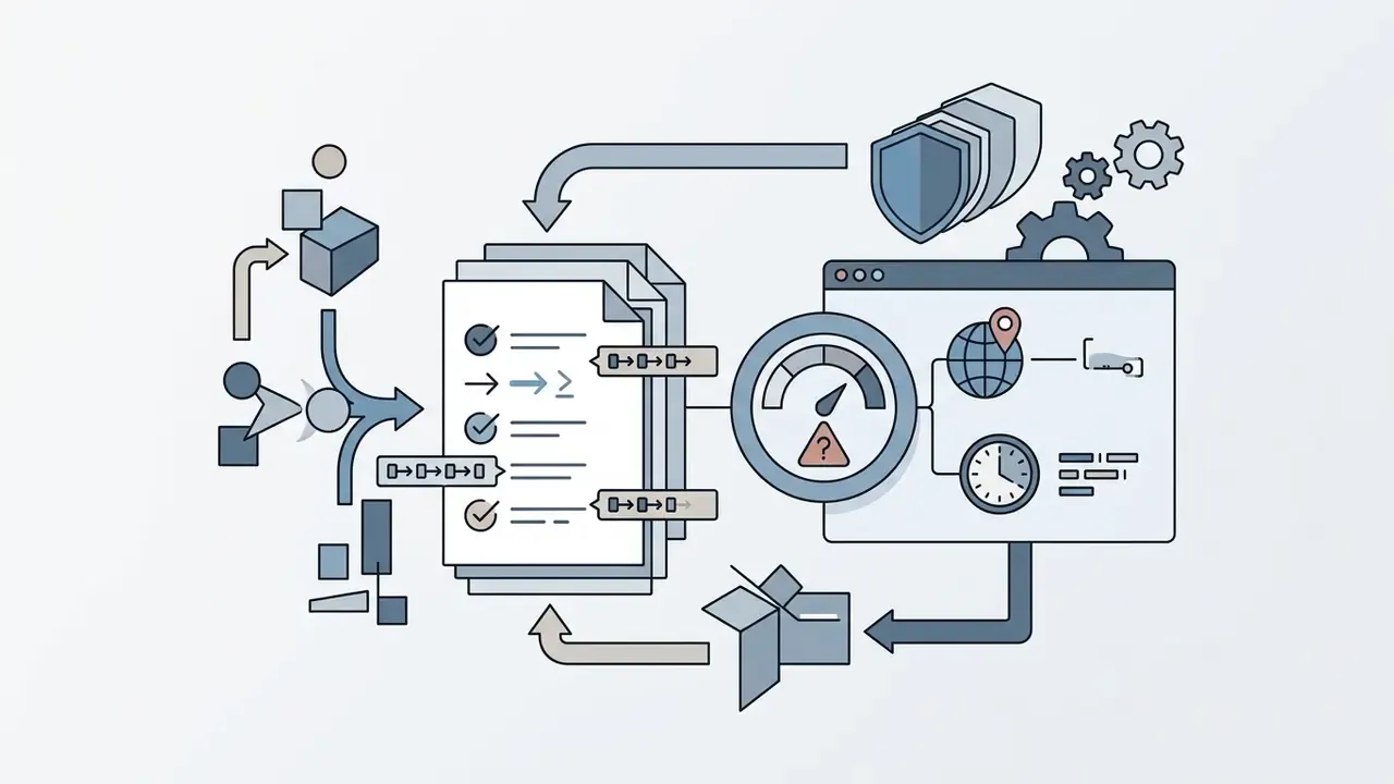 Data inputs flowing through a checklist and monitoring interface with location and time tracking icons