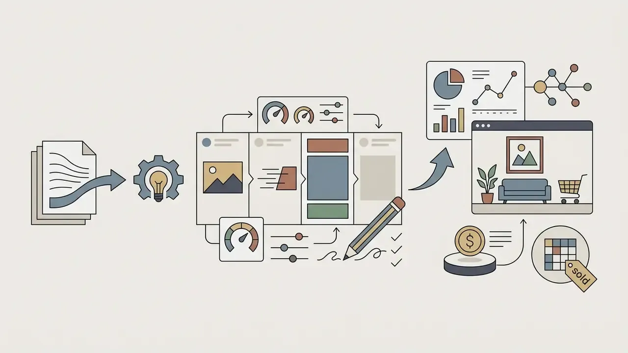 Process flow from creative prompts to editing refinement and final mock room sales displays