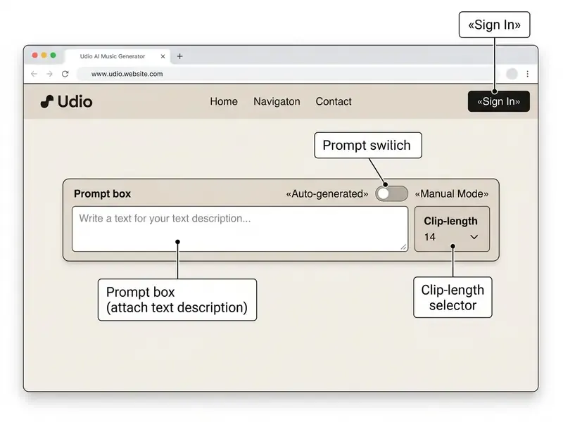Annotated web interface of the Udio AI Music Generator showing prompt box and clip length settings