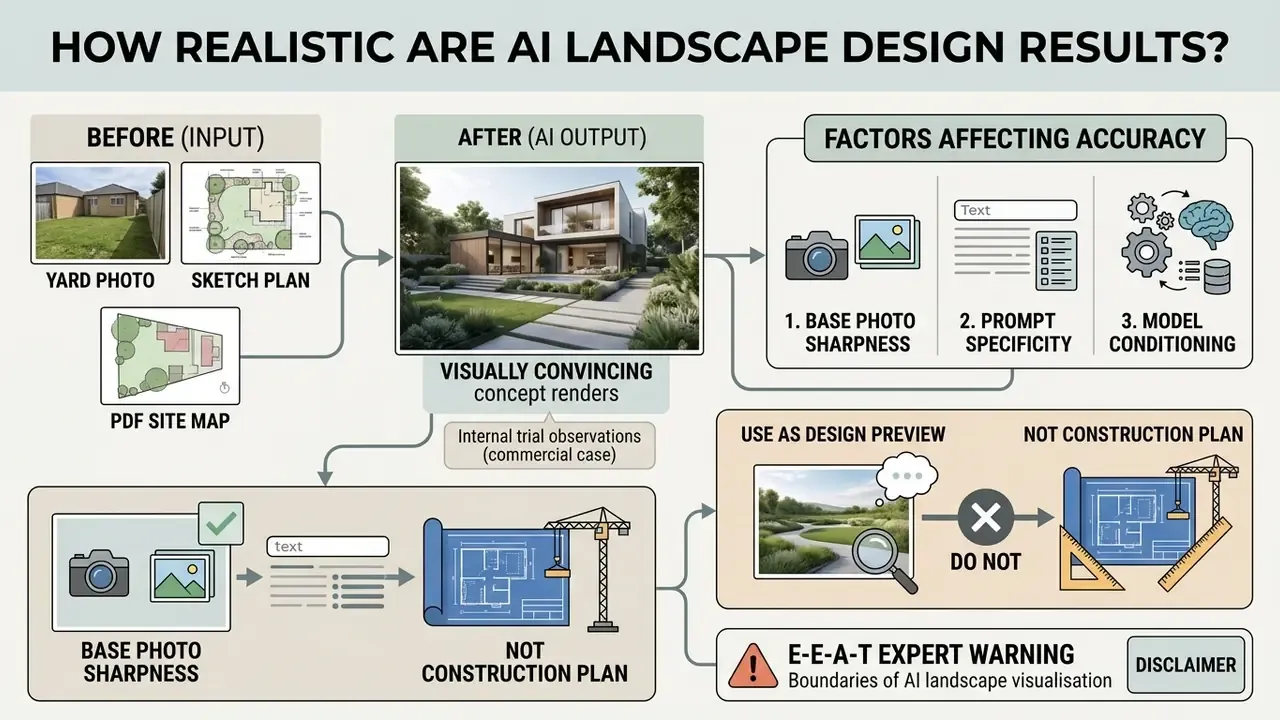 Diagram showing input sources, AI output, accuracy factors, and limitations for landscape design tools