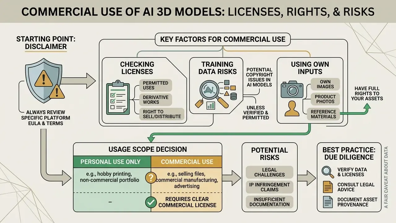 Flowchart outlining legal considerations for commercializing 3D assets including license checks and risks