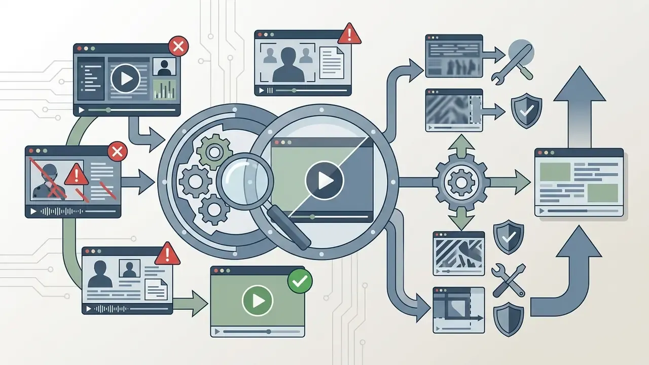 Visual representation of a security scan process identifying and correcting sensitive data in video files