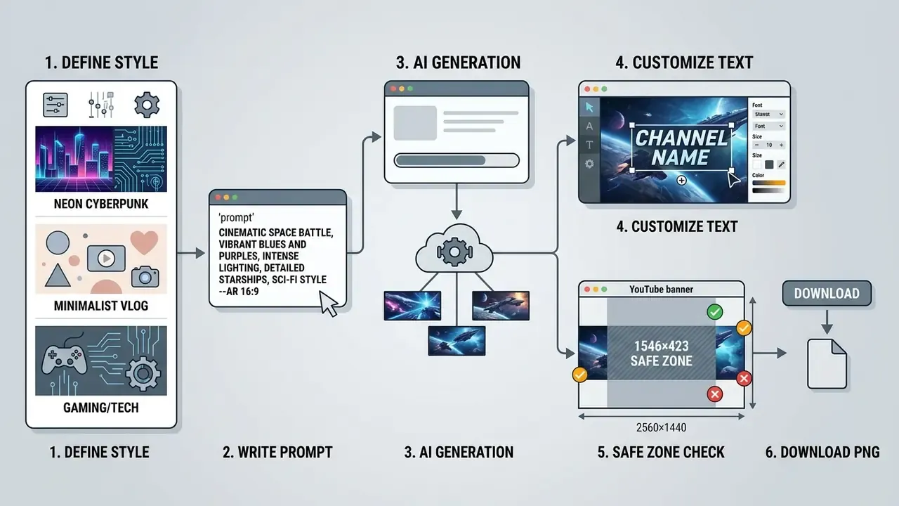 Step-by-step workflow diagram for using an AI YouTube banner creator from prompt to final download
