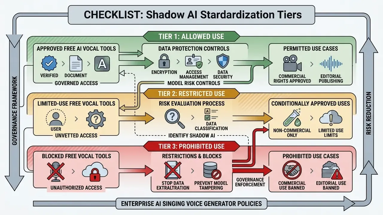 Three-tier policy framework mapping free AI singing voice generator tools to usage restrictions
