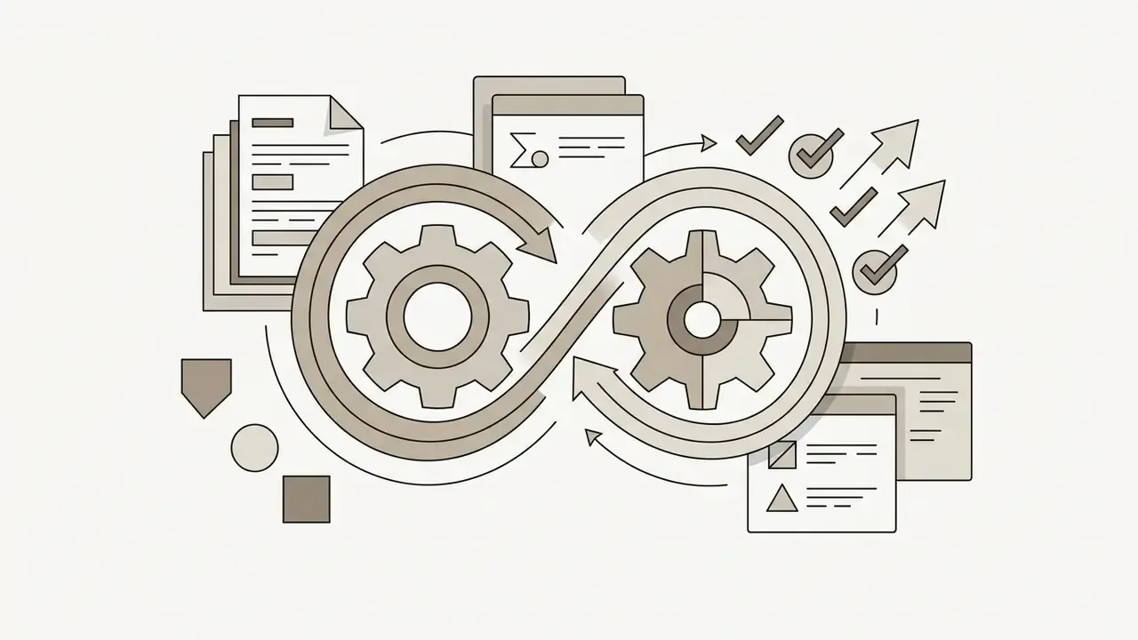 Two interlocking gears forming an infinity loop that connects documents to output windows and checkmarks