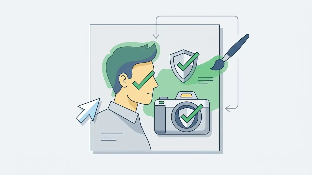 Brush and cursor selecting areas around a person and camera to protect them with shield icons