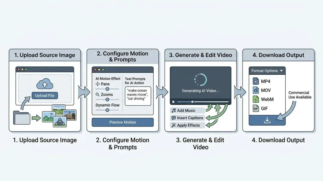 Four sequential steps to convert image to video online free including uploading, configuring, and editing