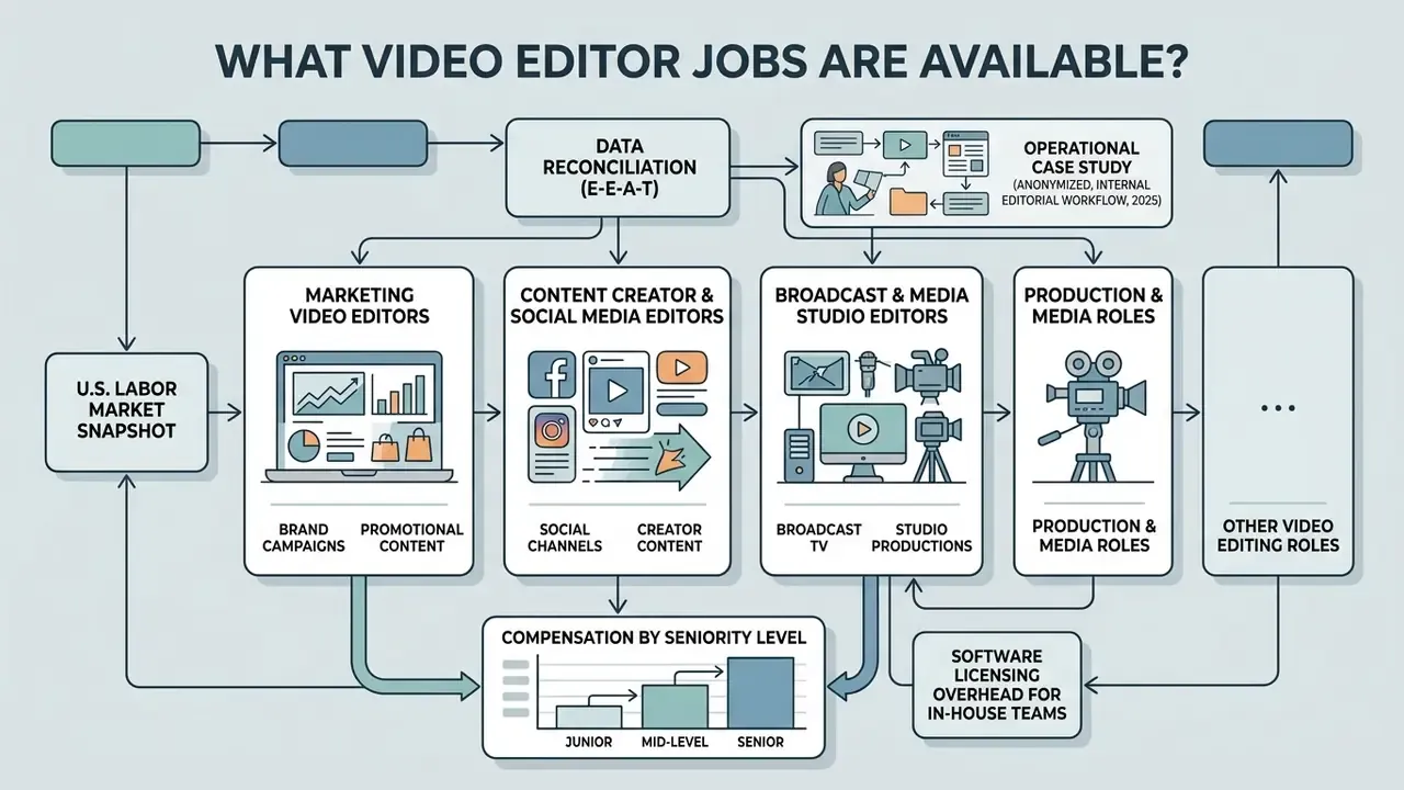 Flowchart outlining video editor job categories including marketing, social media, and broadcast roles