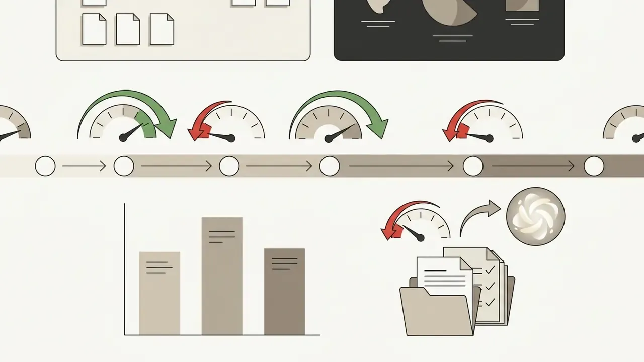 Series of speed gauges and a timeline connecting bar charts to a file folder with a circular icon