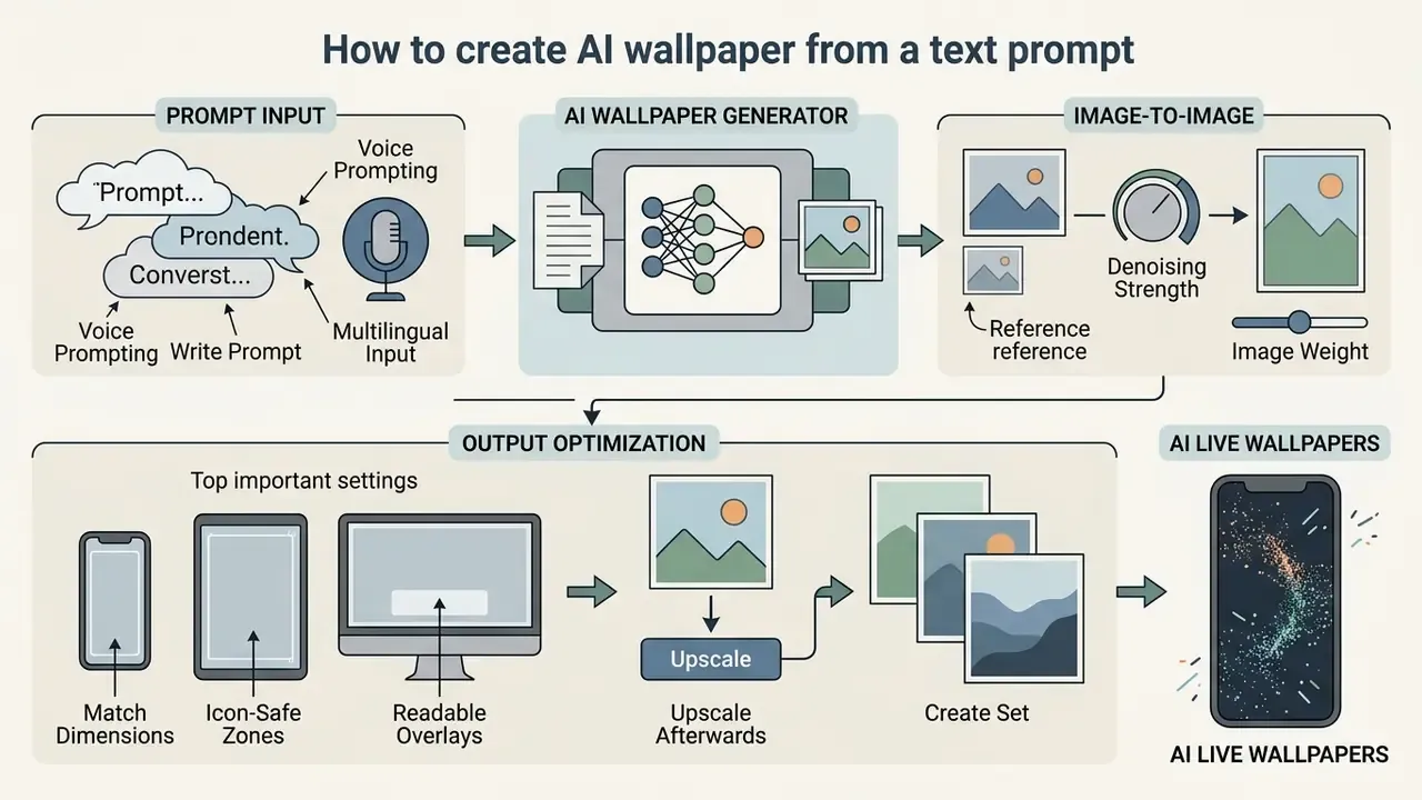 Diagram showing the process to make a wallpaper using text prompts, image-to-image generation, and optimization
