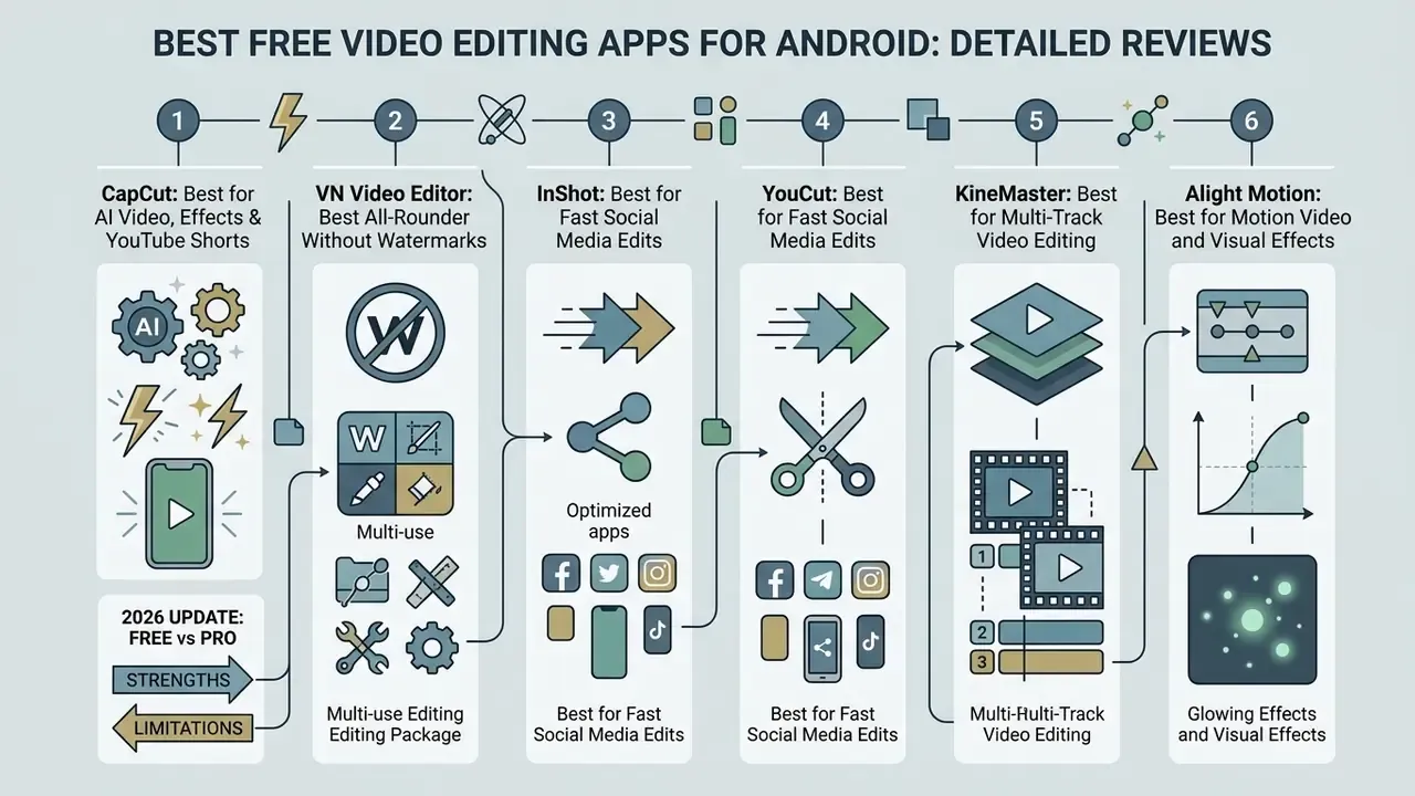 Infographic showing six top video editing apps for Android with icons for their primary strengths and features