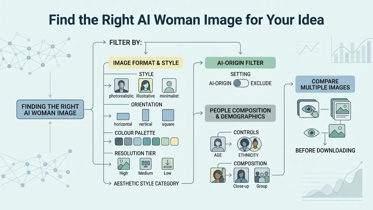 Flowchart showing criteria for filtering and comparing digital portraits by style and demographics