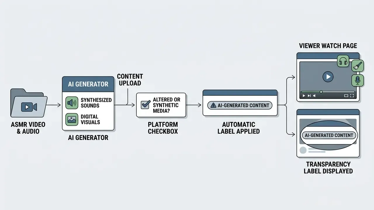 Flowchart showing the process from video upload and synthetic media disclosure to final transparency labeling