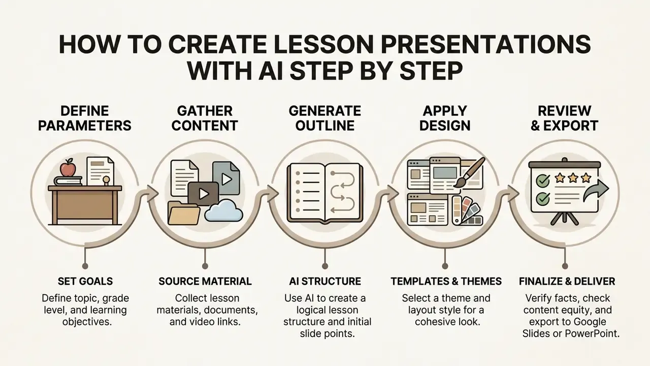 Five sequential steps for building educational slides using AI starting from goal setting to final export