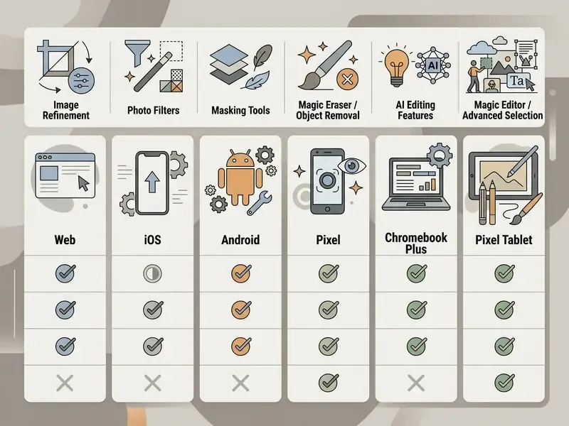 Comparison matrix showing availability of image editing tools across Web, iOS, Android, Pixel and tablet devices