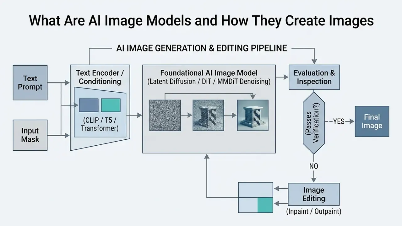 Flowchart showing the AI image generation pipeline from text prompt and input mask to final image output