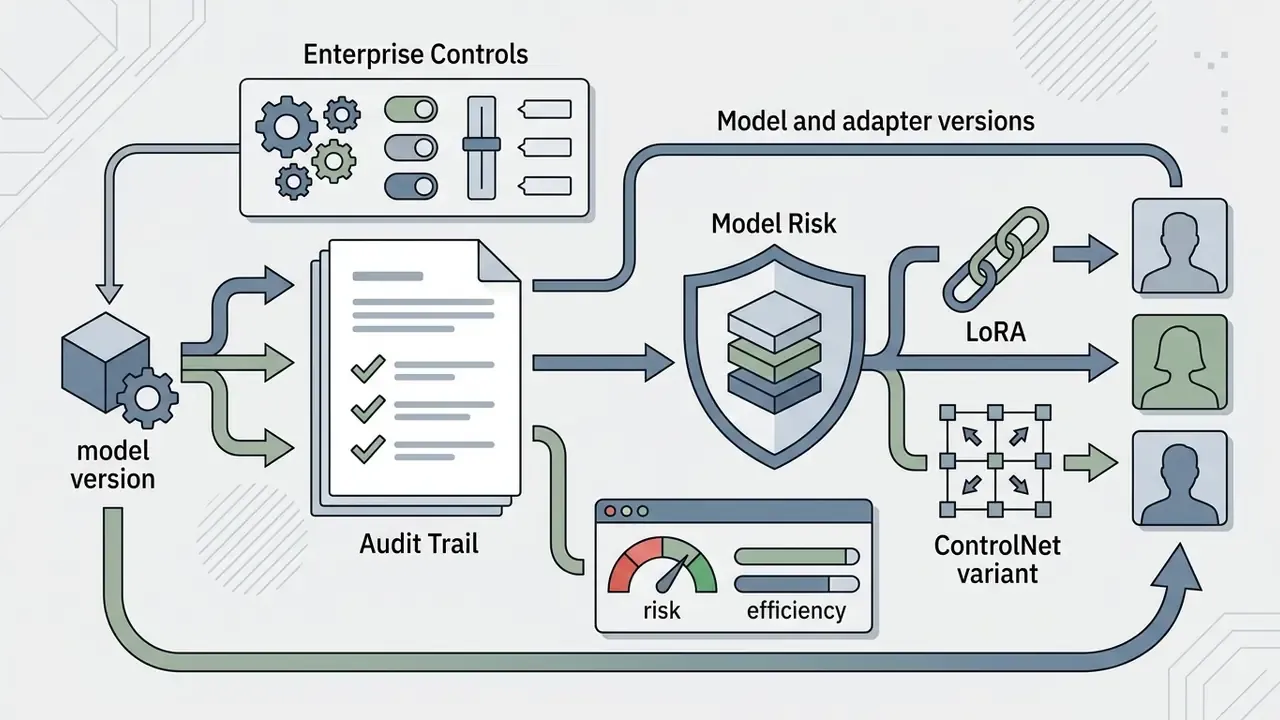 Model versions and audit documents flowing through a risk shield to produce stylized avatar outputs