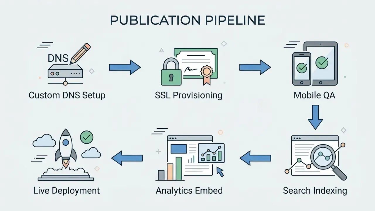 Circular workflow diagram outlining steps from custom DNS setup to live website deployment