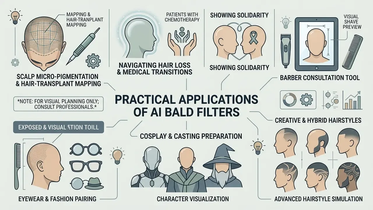 Infographic showing various use cases for digital hair removal including medical and creative planning