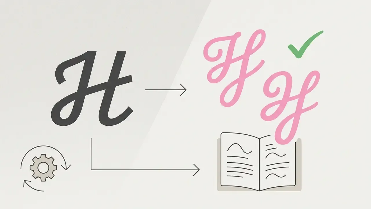 Black script letter H transforming into pink cursive variants with a checkmark and reference book icon