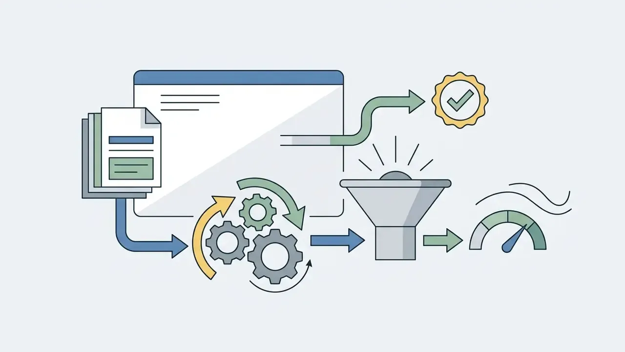 Documents flowing through gears and a funnel into a speedometer gauge to reach a checkmark status