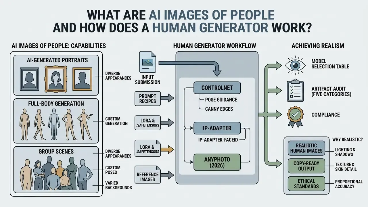 Infographic showing the capabilities and technical workflow behind generating AI images of people