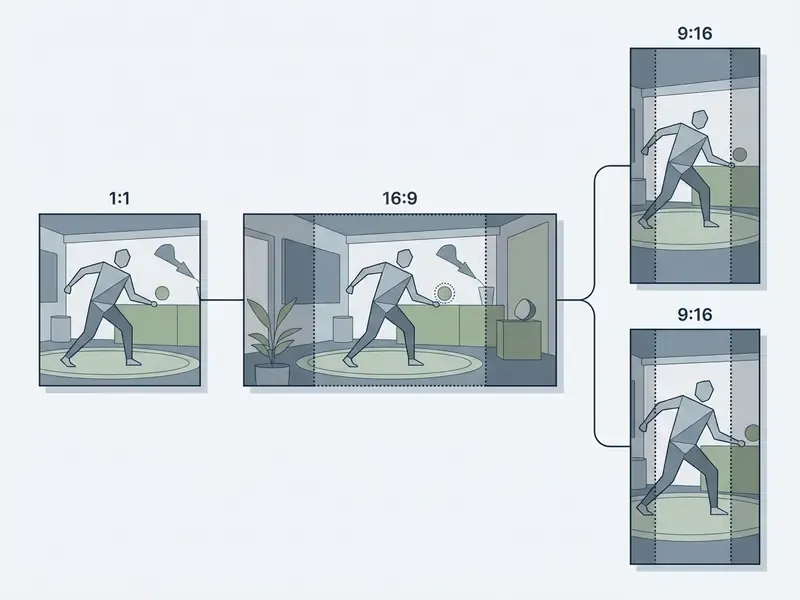 Diagram showing a 16:9 video frame being cropped into 1:1 square and 9:16 vertical aspect ratios