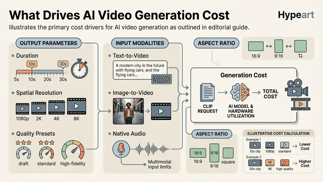 Infographic showing how output parameters, input modalities, and aspect ratios influence AI video costs